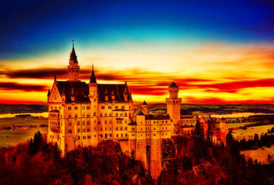 закат Нойшванштайн, замок Баварии, вечер, закат в Германии